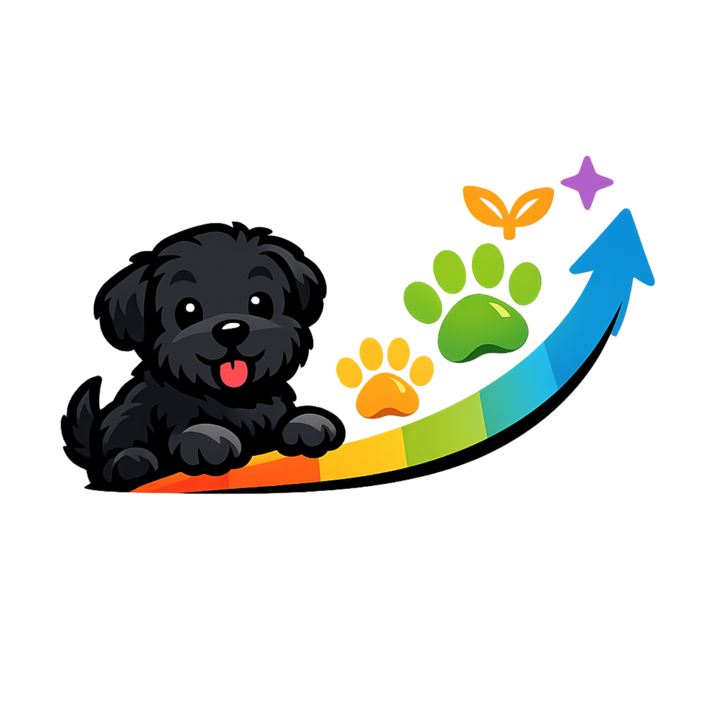 Black Russian Terrier puppy beside a colorful growth path with paw prints, representing puppy development from birth through adulthood.