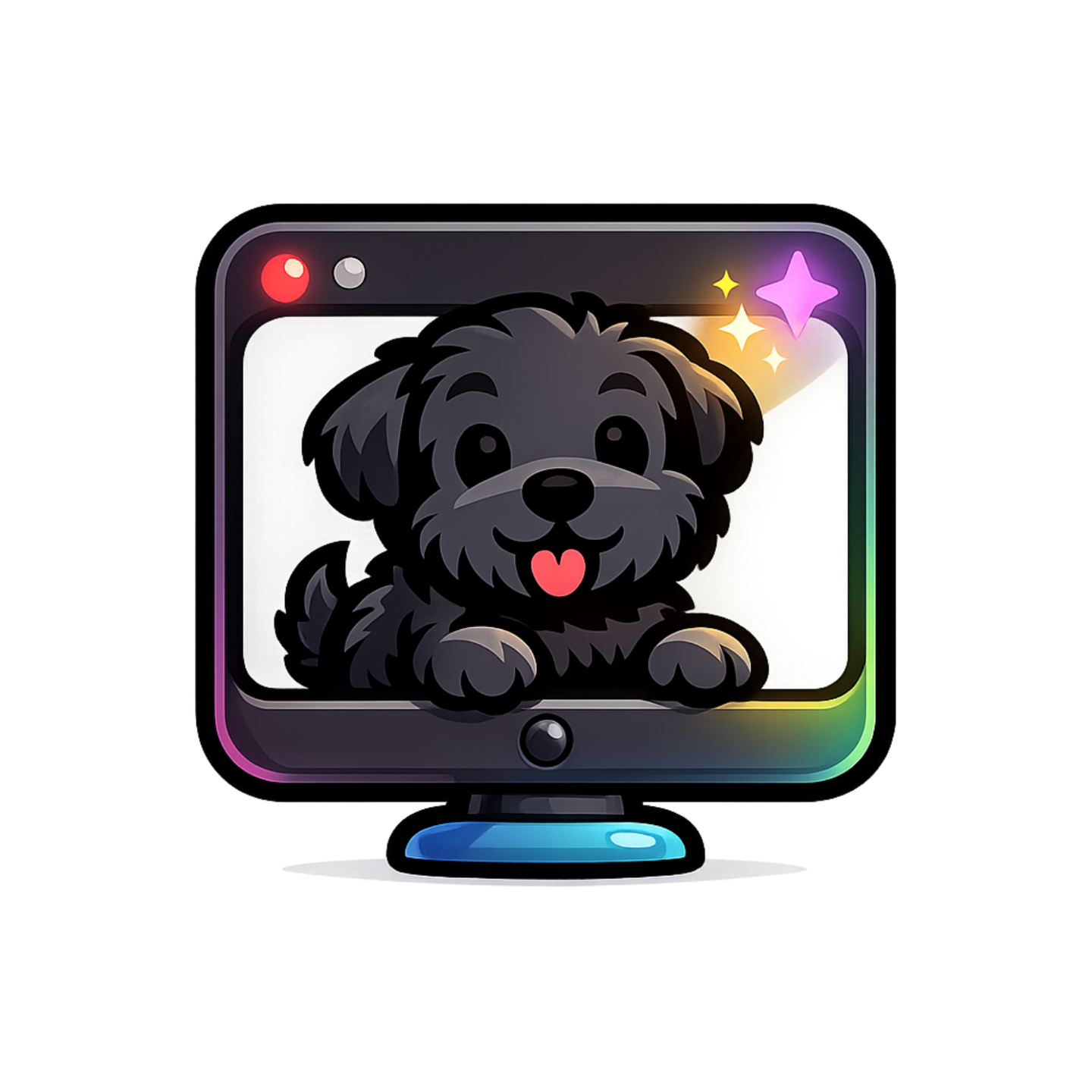 Black Russian Terrier puppy appearing on a colorful computer screen, representing private live nursery webcam access.