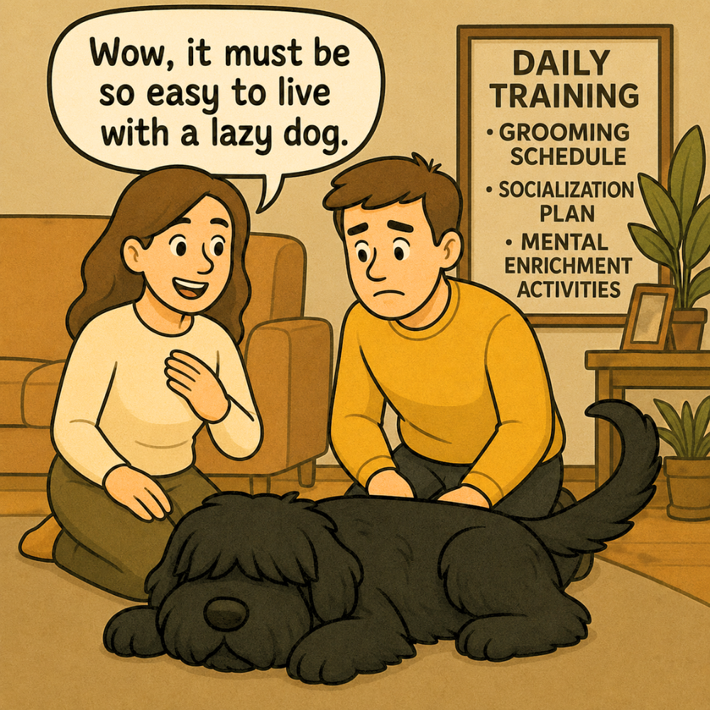 Cartoon of a relaxed Black Russian Terrier lying on the floor while its owners review daily training, grooming, socialization, and enrichment needs.