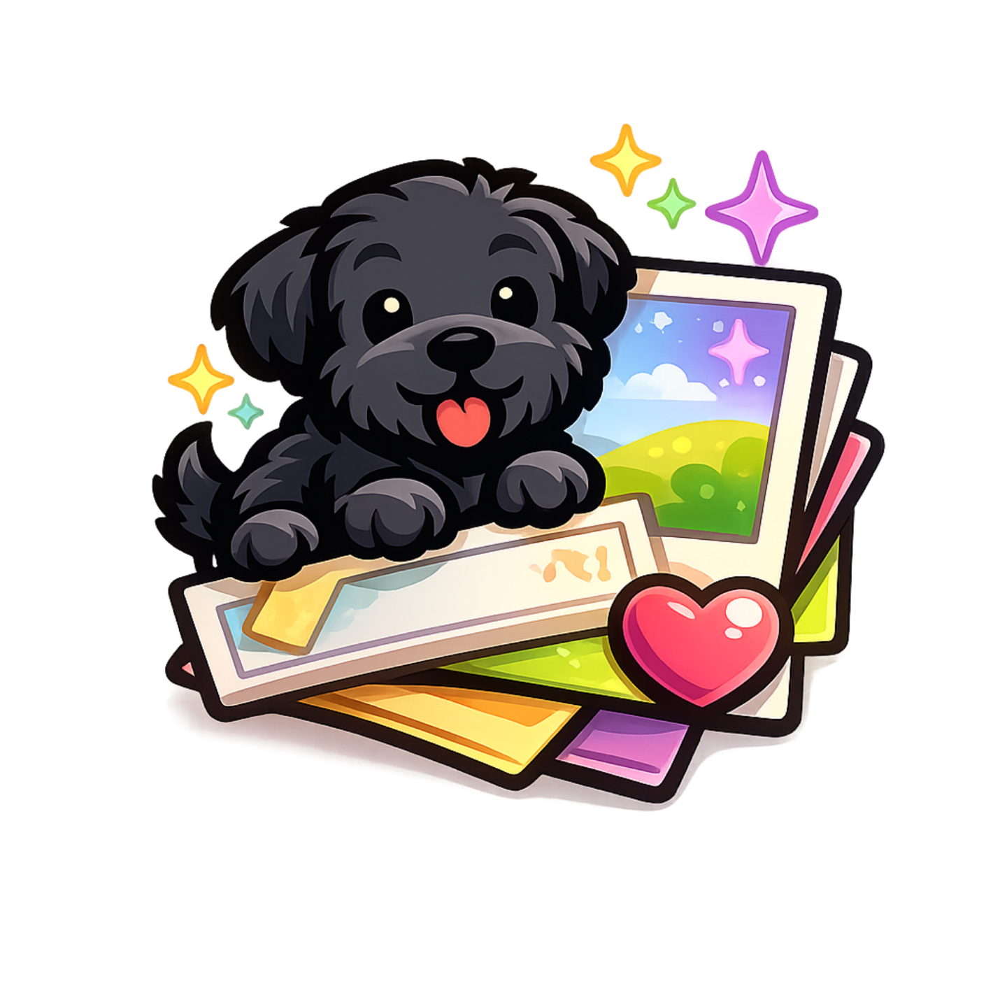 Black Russian Terrier puppy with stacked photographs and a heart, representing litter photos, milestones, and lifelong puppy updates.