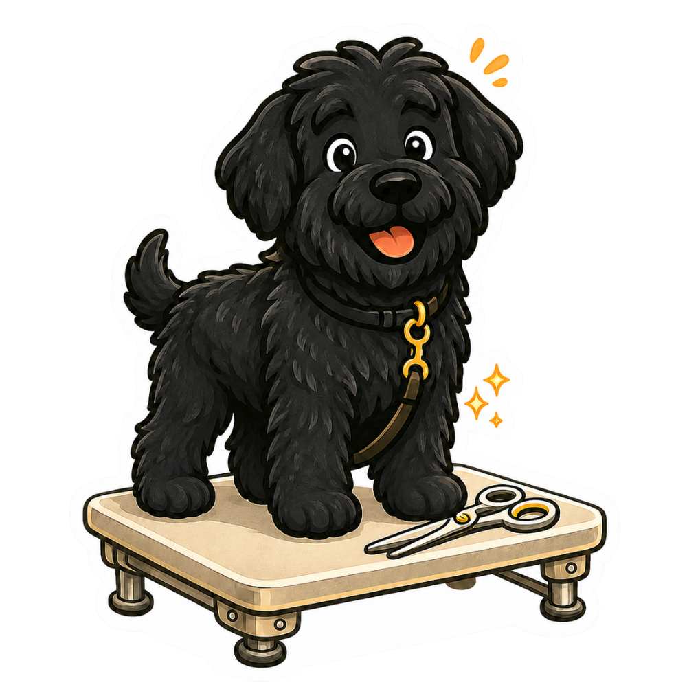 Happy groomed Black Russian Terrier Mishka sitting beside a slicker brush and greyhound comb.