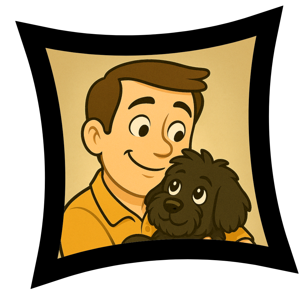 Cartoon of Mike holding Mishka, a Black Russian Terrier puppy, after meeting a breeder in a Walmart parking lot.