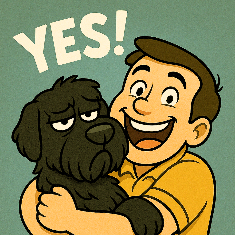Cartoon of Mike enthusiastically hugging Mishka, an unimpressed Black Russian Terrier, with the word “Yes!” above them.
