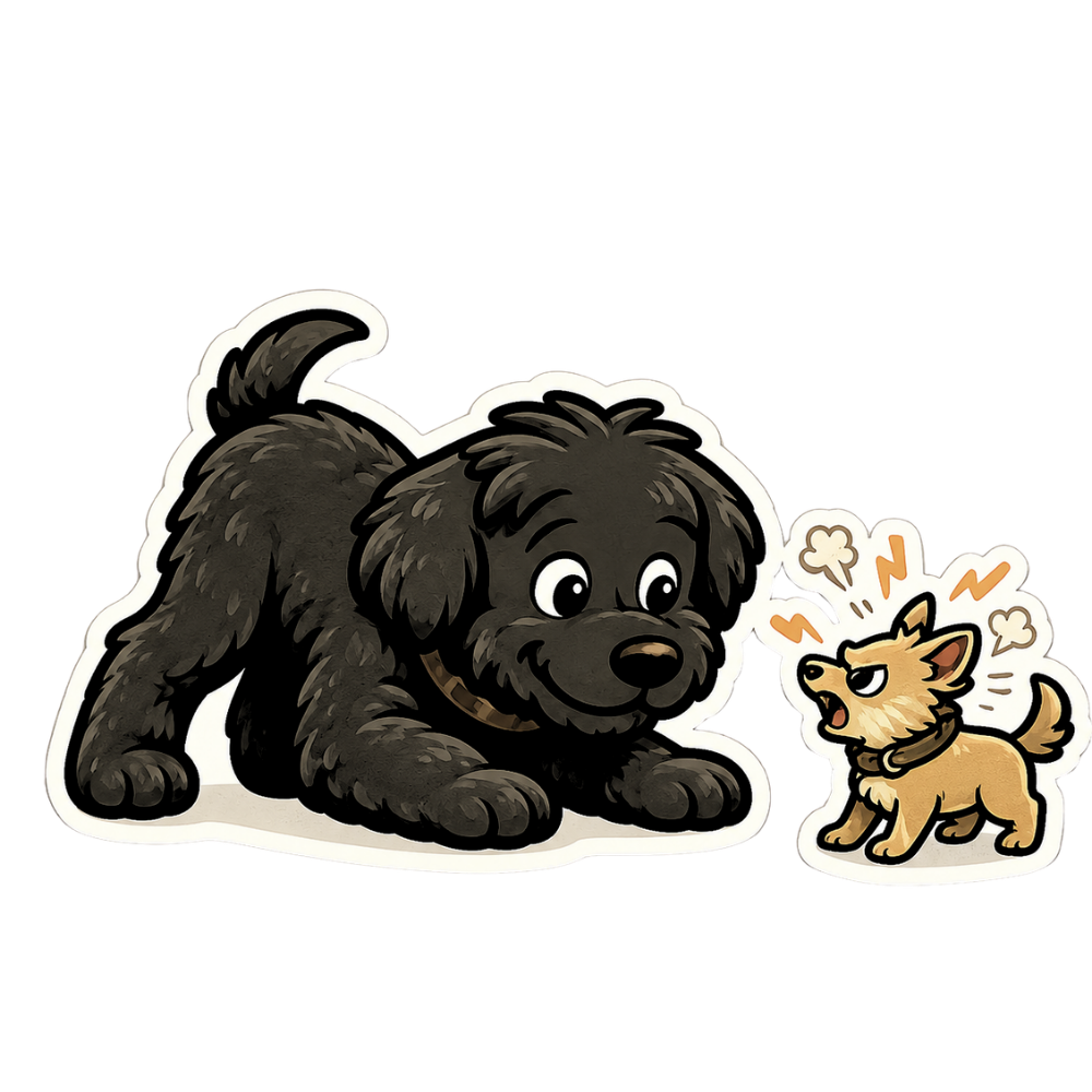 Happy Black Russian Terrier Mishka sitting calmly on leash with symbols representing people, dogs, and positive socialization.