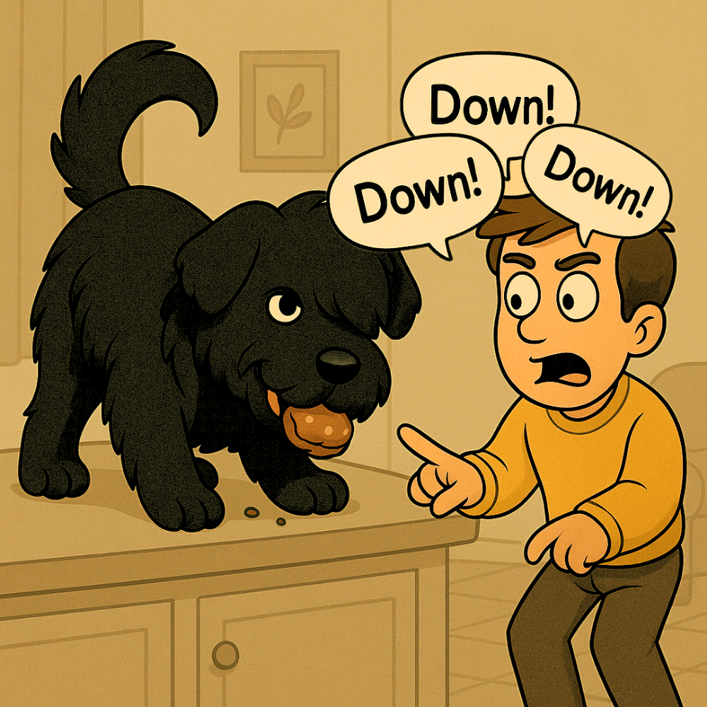 Cartoon of a freshly groomed Black Russian Terrier looking unimpressed beside Mike holding electric clippers, illustrating the breed’s regular grooming needs.