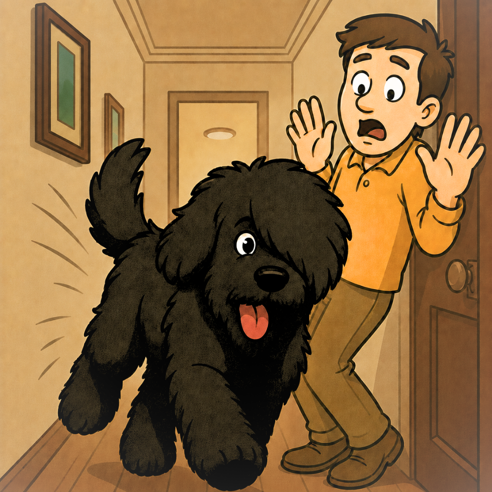 Cartoon of adolescent Black Russian Terrier Mishka racing through the hallway while a startled Mike steps aside.