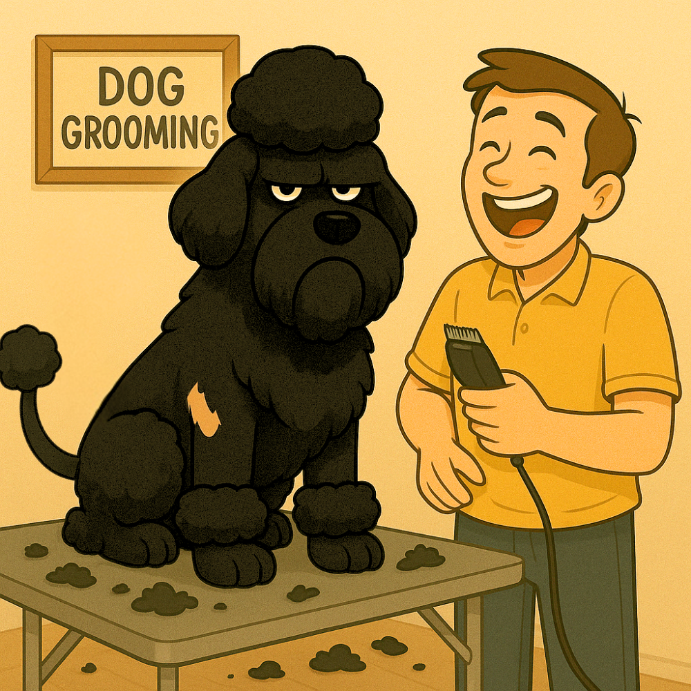 Cartoon of a freshly groomed Black Russian Terrier looking unimpressed beside Mike holding electric clippers, illustrating the breed’s regular grooming needs.