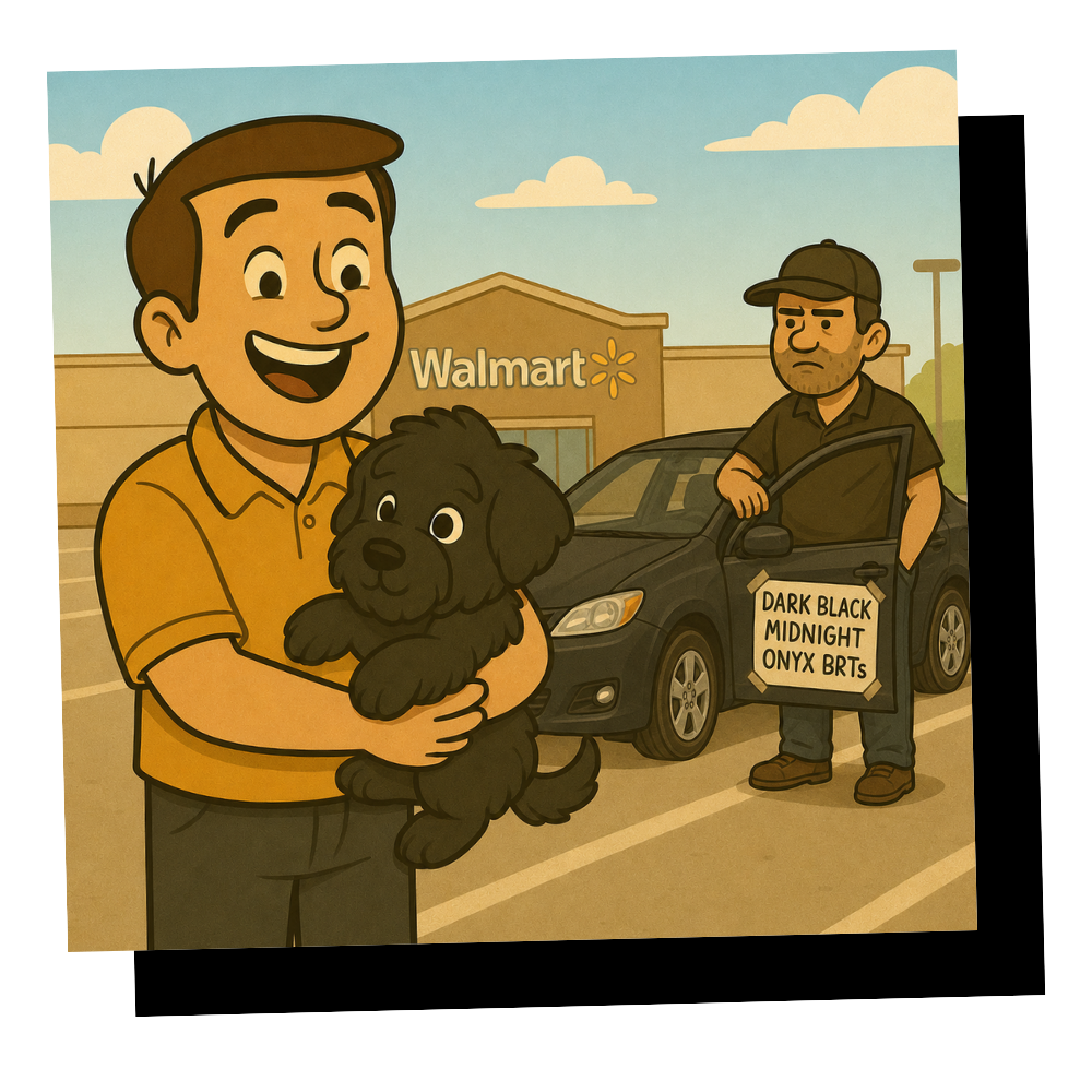 Cartoon of Mike holding Mishka, a Black Russian Terrier puppy, after meeting a breeder in a Walmart parking lot.