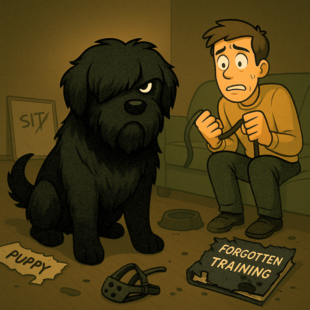 Cartoon of adolescent Black Russian Terrier Mishka ignoring Mike’s sit command while he nervously holds a leash beside a chewed training book.