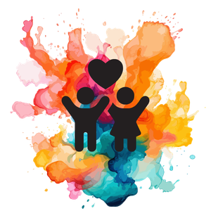 Illustration of children beneath a heart, representing family life, early socialization, and the family-raised environment of Black Russian Terrier puppies at Color Splash Kennel.