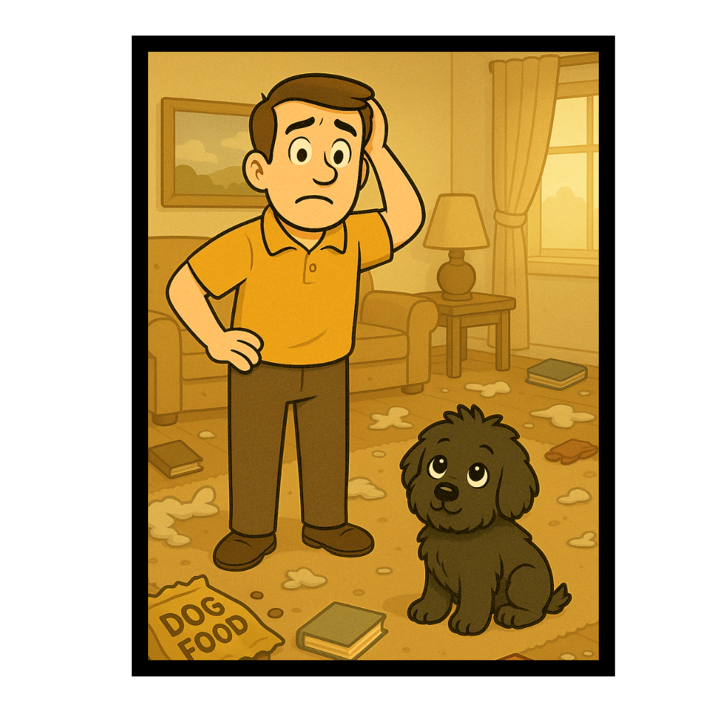 Cartoon of Mike holding Mishka, a Black Russian Terrier puppy, after meeting a breeder in a Walmart parking lot.
