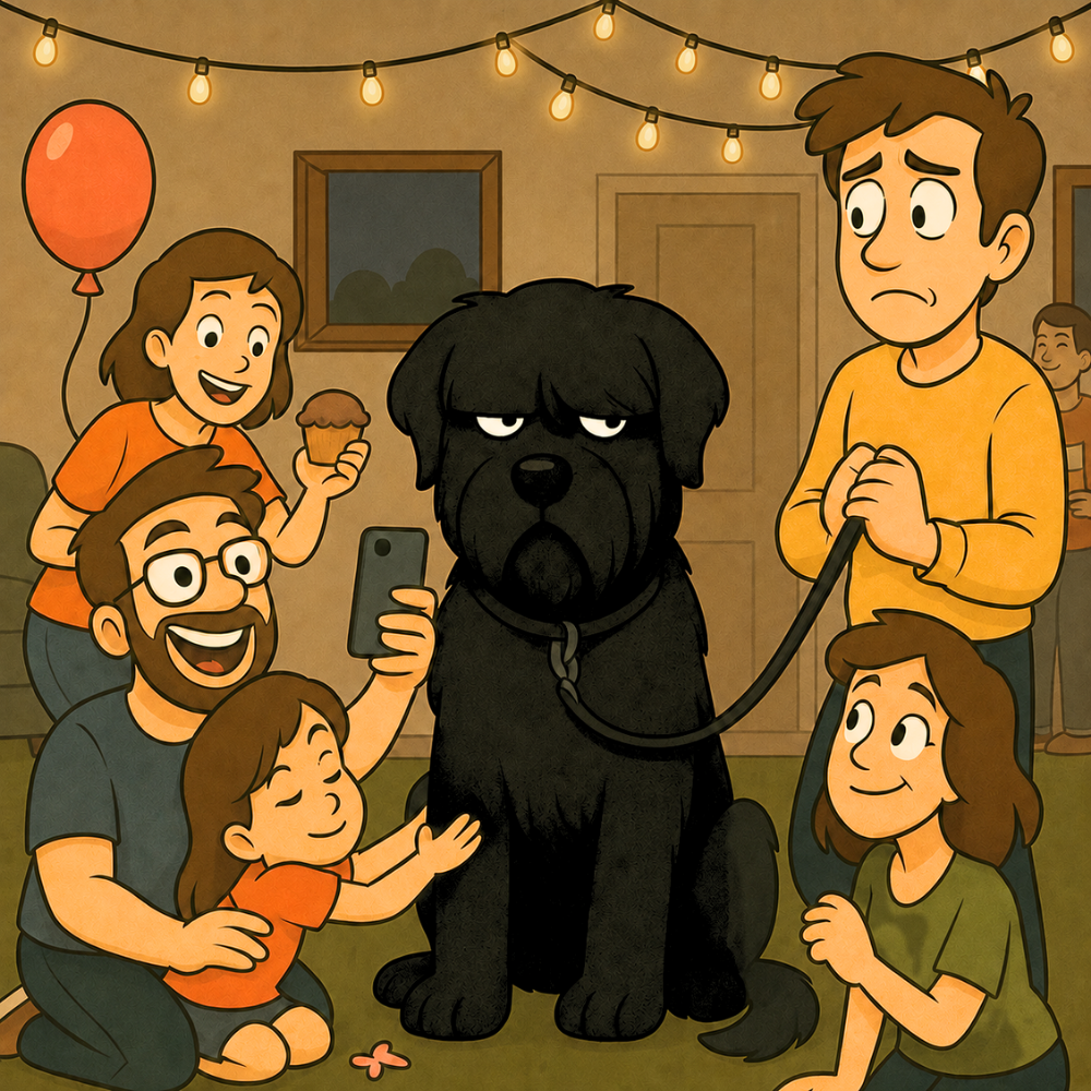 Cartoon of a selective Black Russian Terrier sitting unimpressed at a crowded party while guests try to greet and photograph the dog.