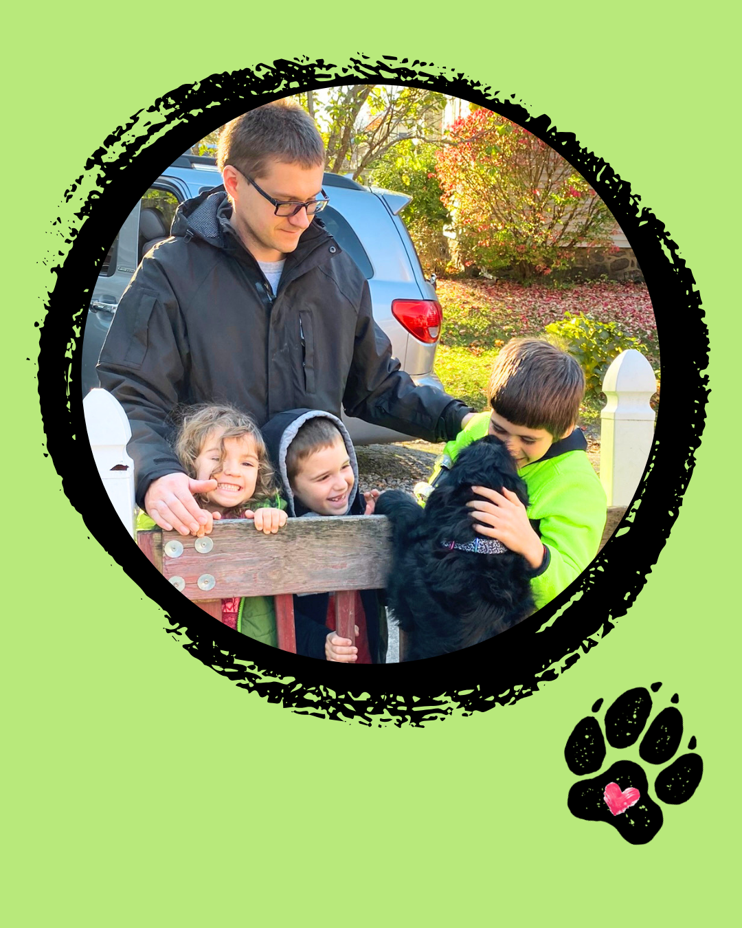 The Color Splash Kennel family spending time with Black Russian Terrier puppy Zhanna at home in Massachusetts.