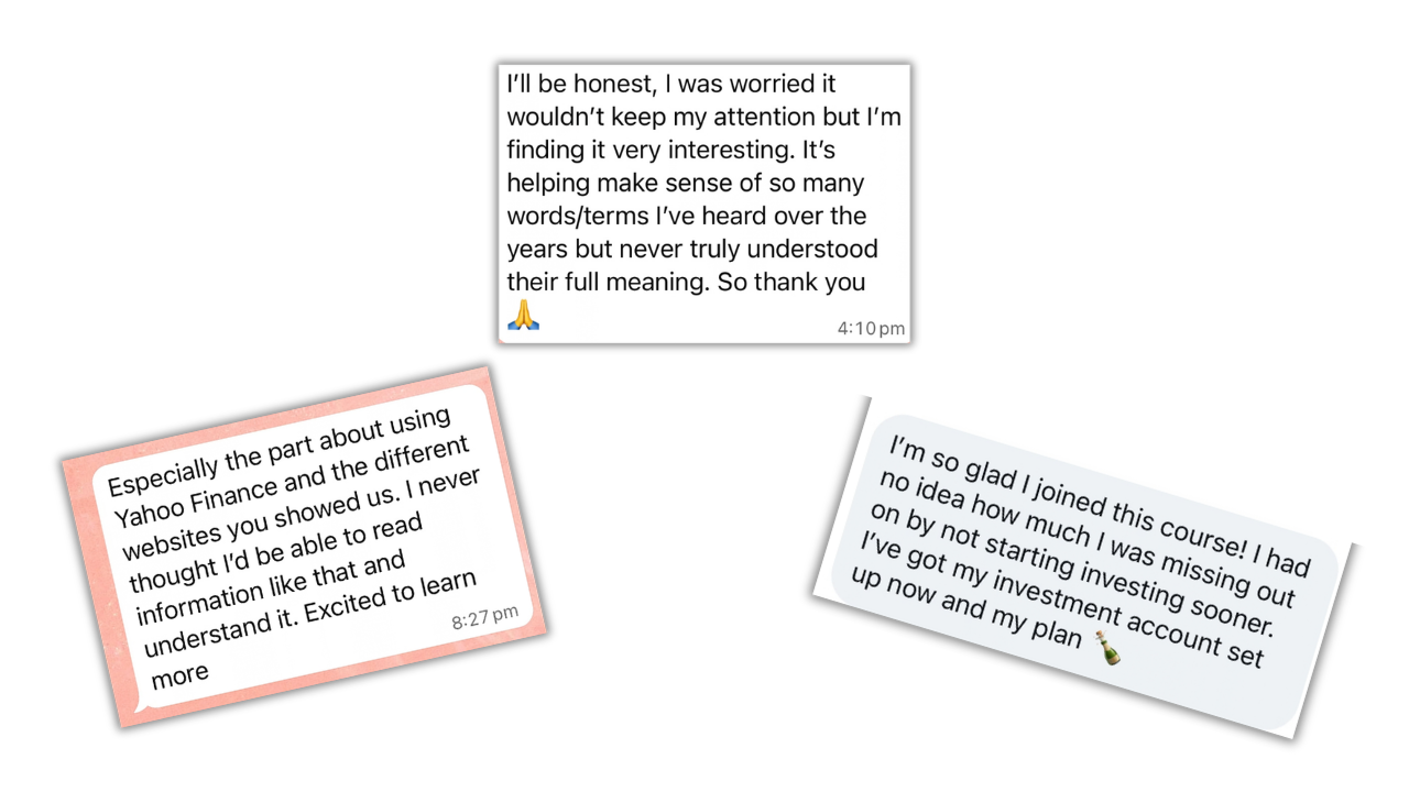 Student testimonial for The Confident Investor beginner investing course