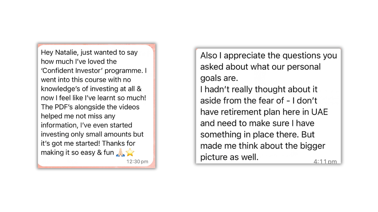 Student testimonial for The Confident Investor, an investing course for beginners