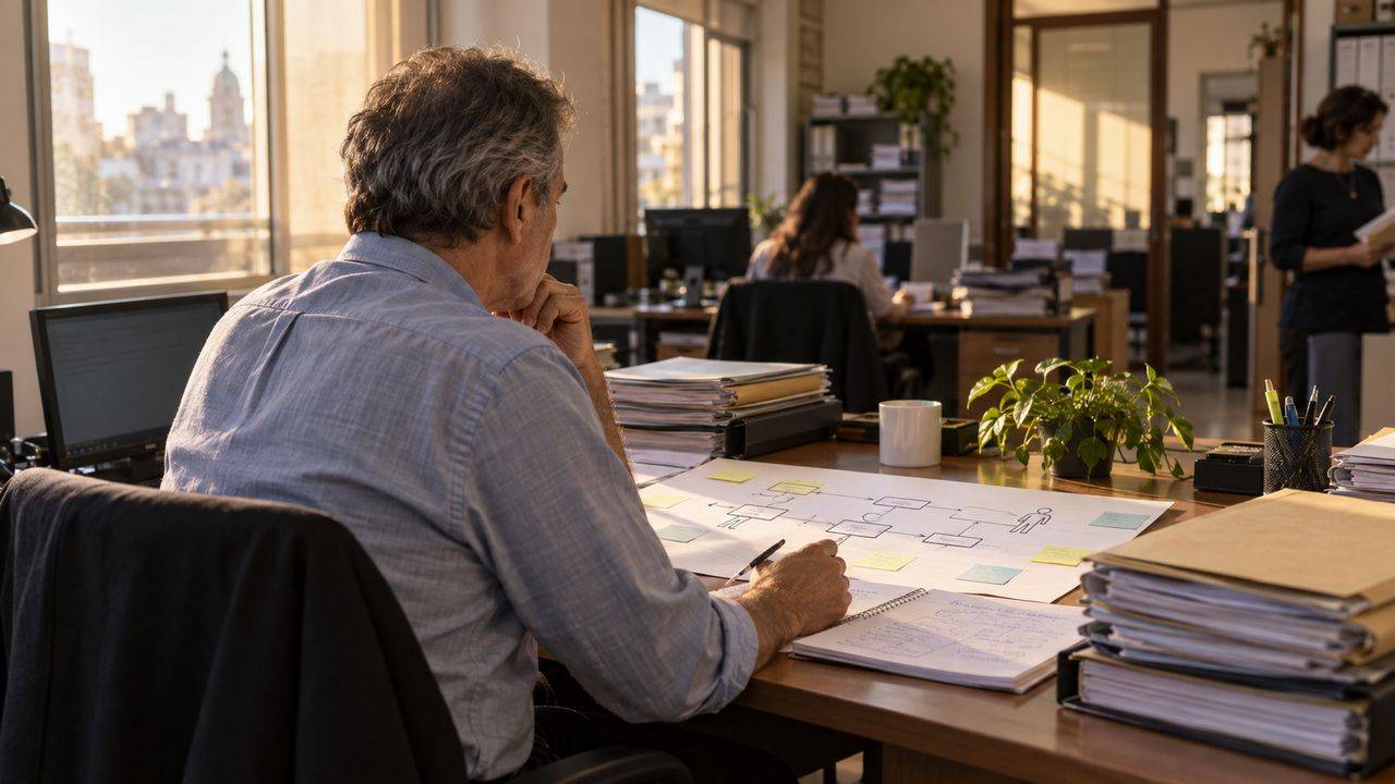 Profesional analizando procesos de trabajo en una oficina judicial