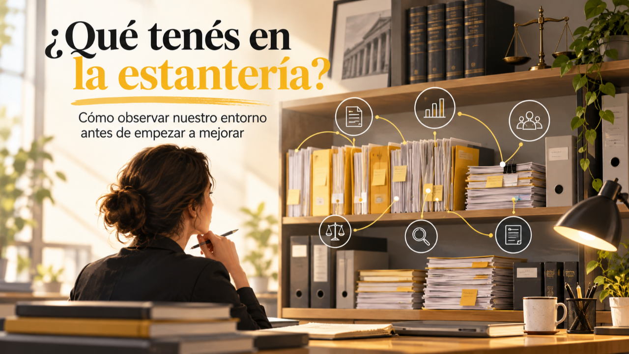 Ilustración de una trabajadora judicial observando una estantería con expedientes y documentos.