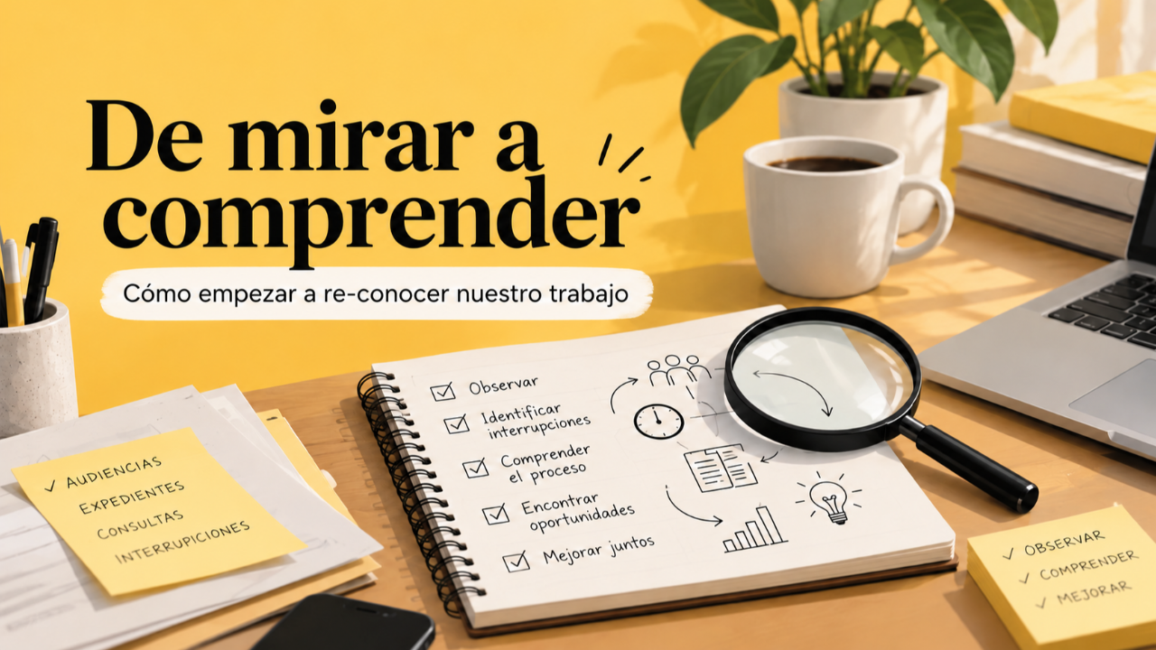 Ilustración de un escritorio con una lupa y anotaciones para observar, comprender y mejorar el trabajo cotidiano.