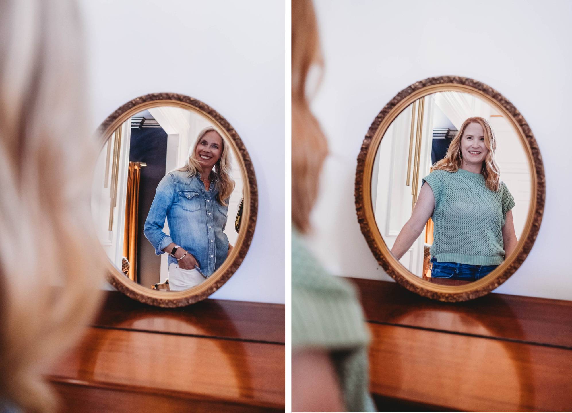Woman reflected in a mirror in warm natural light