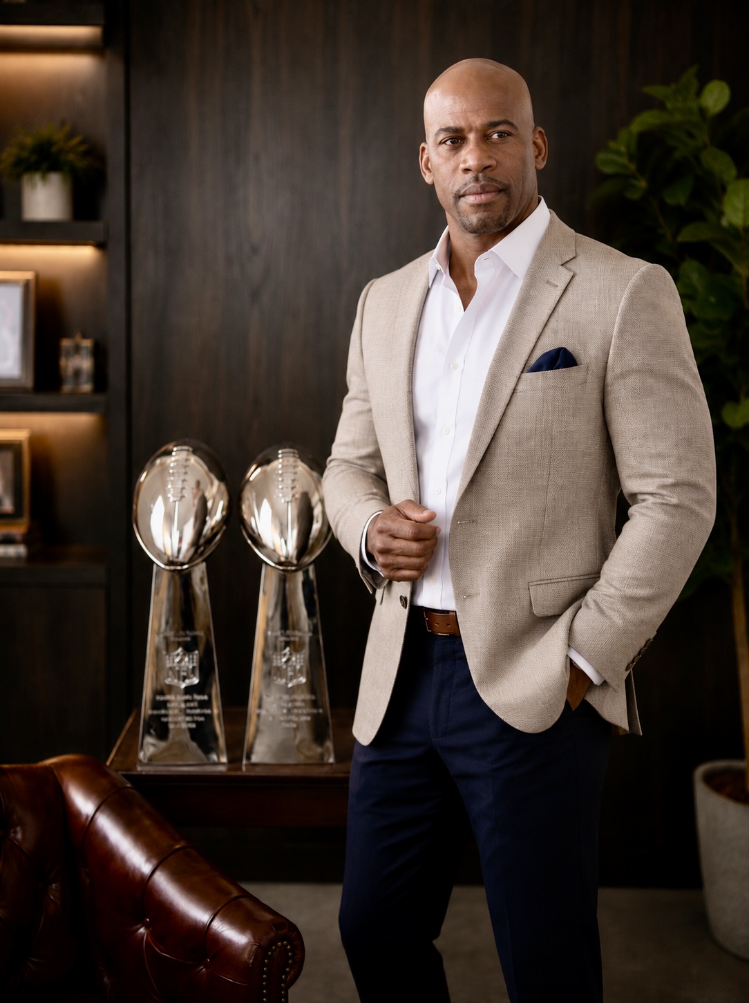 Howard Griffith standing beside his two Super Bowl trophies