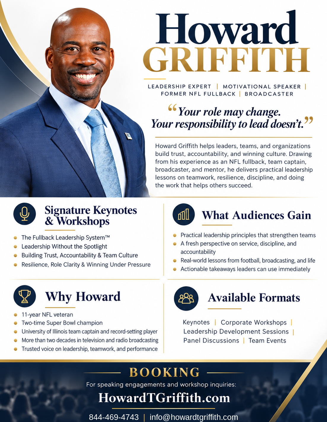 Howard Griffith one-sheet: leadership keynote speaker, two-time Super Bowl champion, contact 844-469-4743, info@howardtgriffith.com