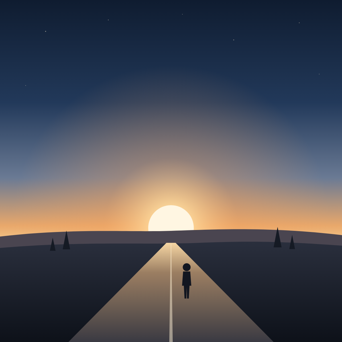 Illustration of a person walking down an open road toward the sunrise