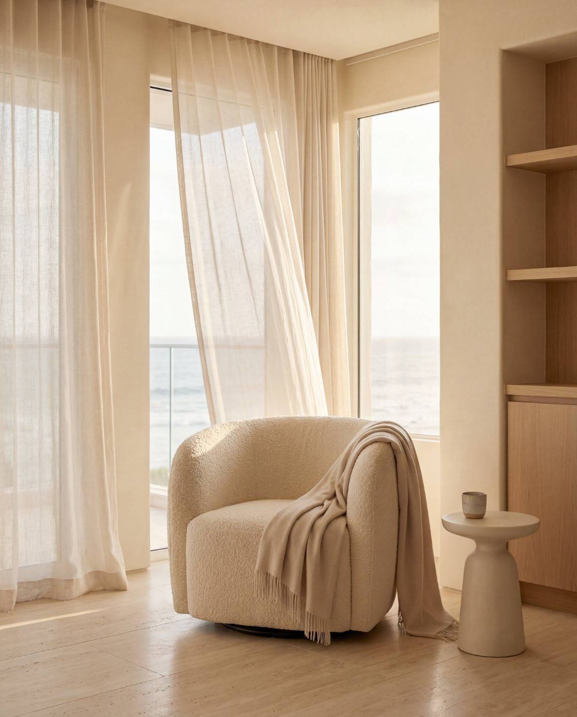 An armchair by a window with the ocean beyond