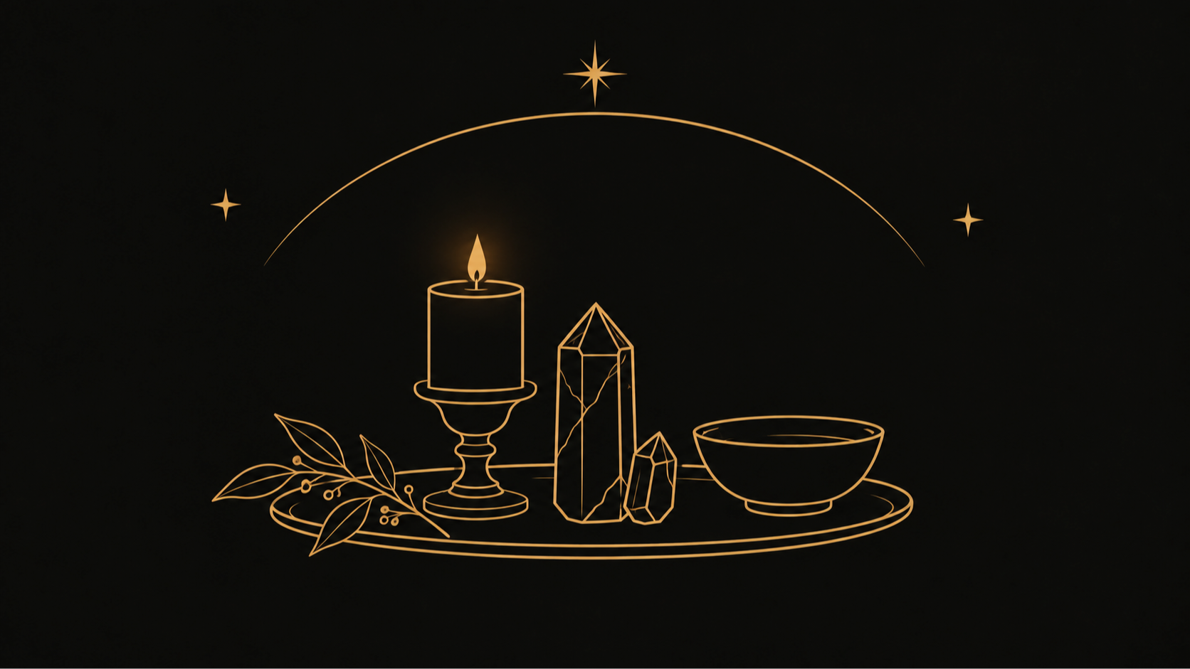 Candlelit altar with quartz crystals, gold accents, black velvet, and greenery.