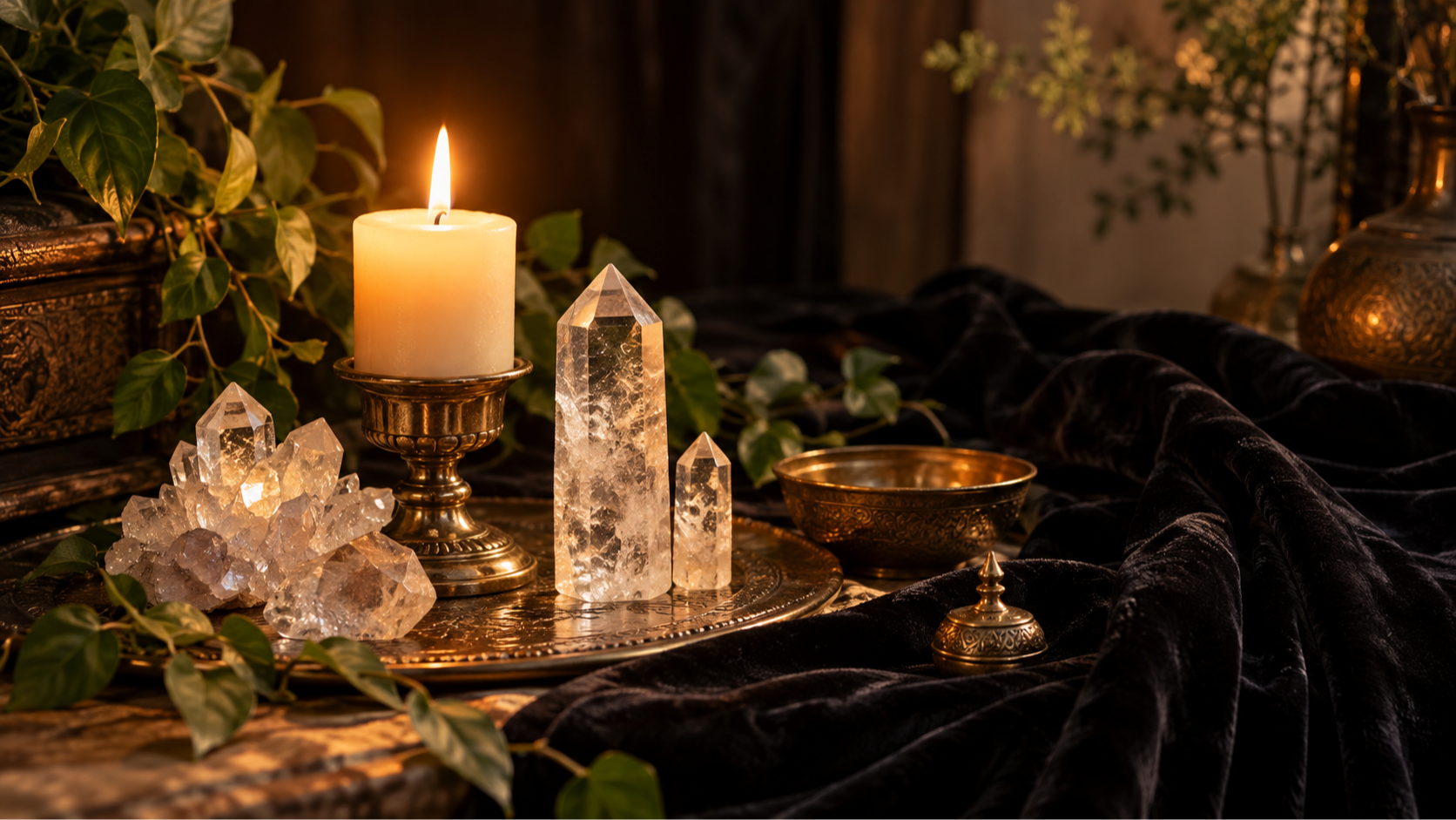 Candlelit altar with quartz crystals, gold accents, black velvet, and greenery.