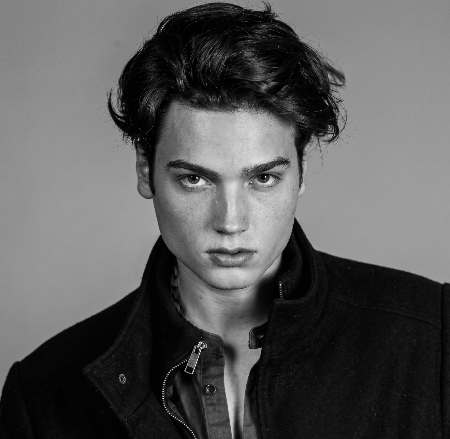 Man with a wavy side-parted haircut wearing a black jacket