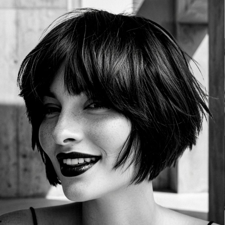 Woman with a dark textured bob haircut and blunt bangs, smiling