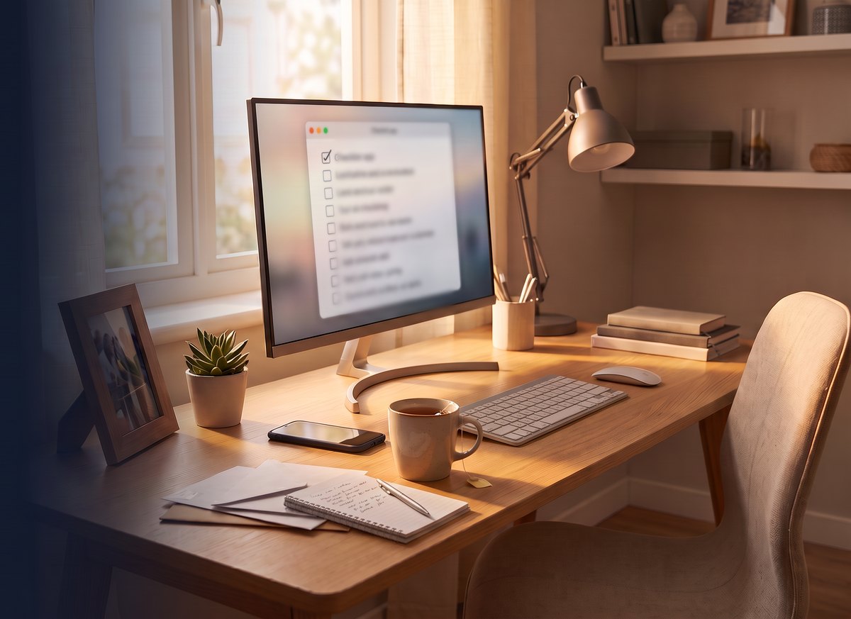 A warm home-office desk with a checklist on the monitor, a cup of tea, a phone and a notepad