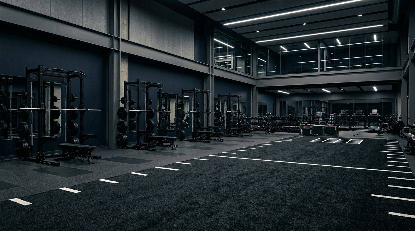 Premium indoor sports performance training facility with turf and strength equipment