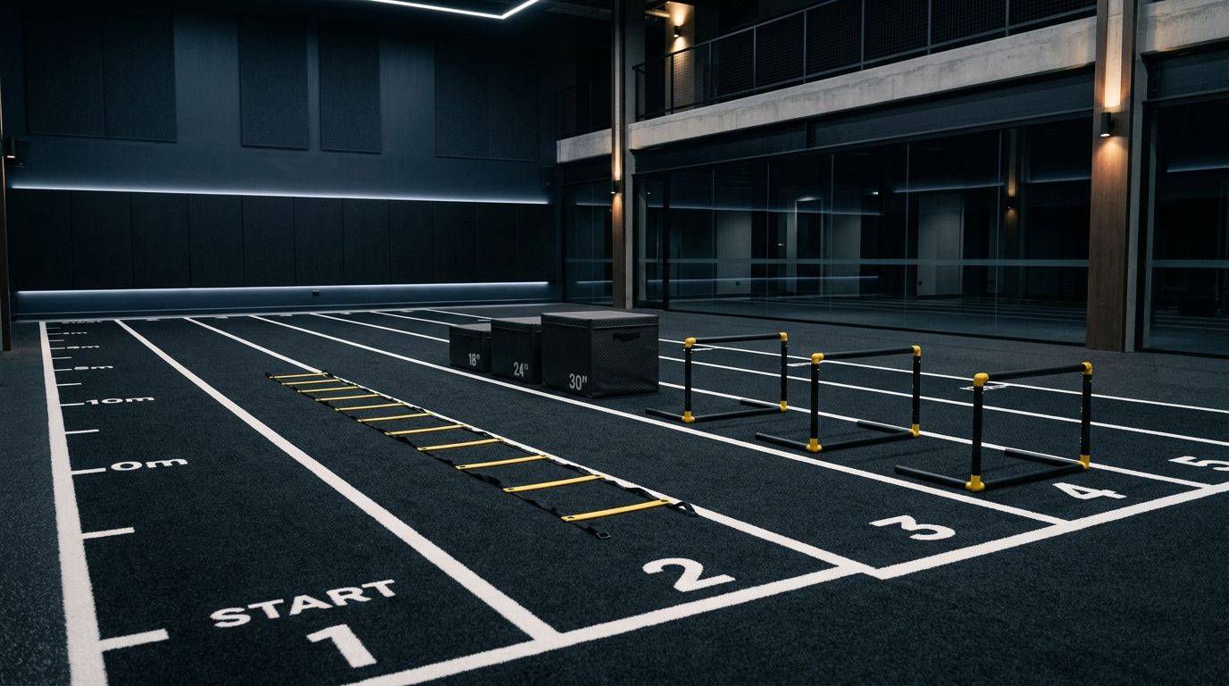 Indoor speed and agility training zone with sprint lanes and hurdles