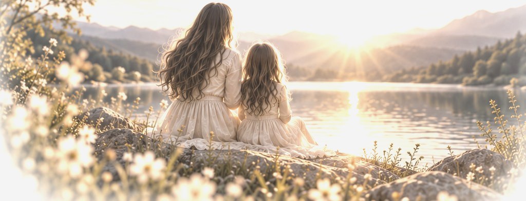 Homecoming: a woman and a little girl walking by the water at sunrise