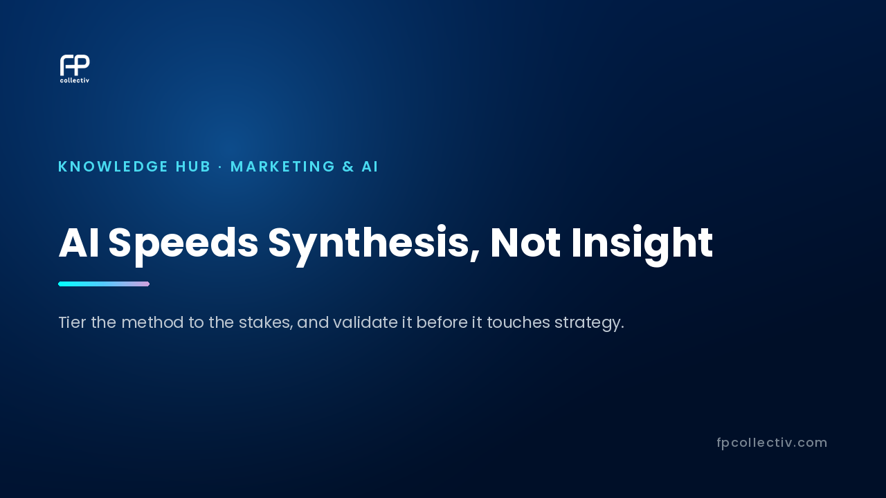FP Collectiv card: "AI Speeds Synthesis, Not Insight — Tier the method to the stakes, and validate it before it touches strategy"