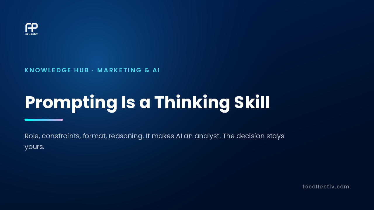 FP Collectiv card: "Prompting Is a Thinking Skill — Role, constraints, format, reasoning. It makes AI an analyst. The decision stays yours"