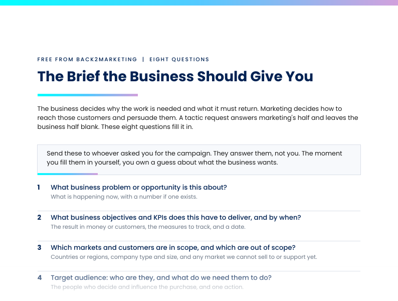 The Brief the Business Should Give You, one page, A4