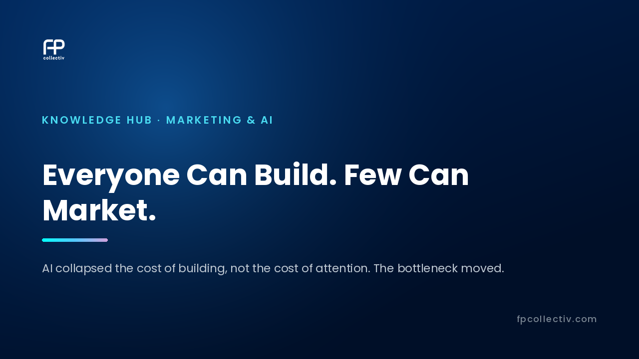 FP Collectiv card: "Everyone Can Build. Few Can Market — AI collapsed the cost of building, not the cost of attention. The bottleneck moved"
