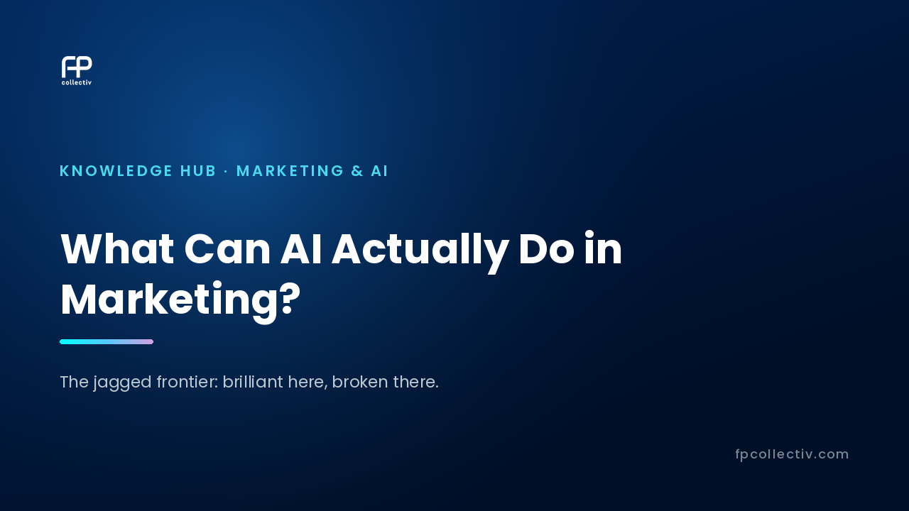 FP Collectiv card: "What Can AI Actually Do in Marketing? — The jagged frontier: brilliant here, broken there"