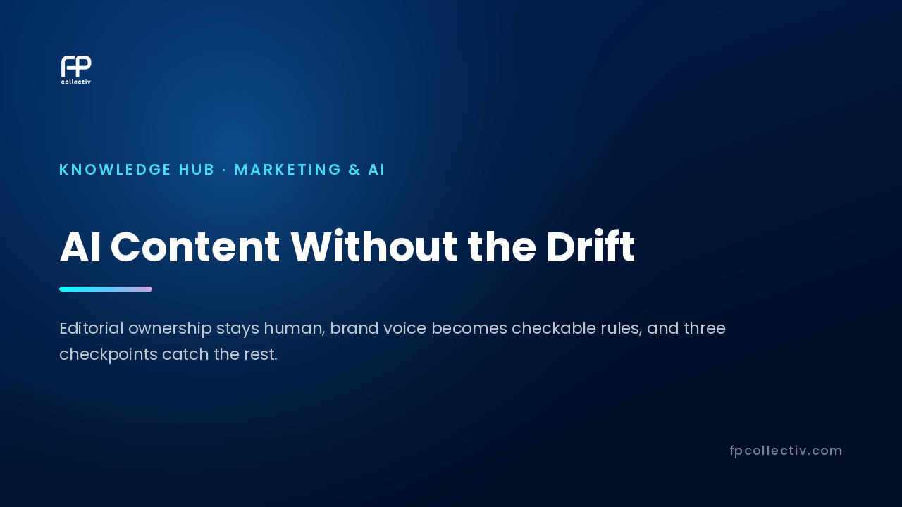 FP Collectiv card: "AI Content Without the Drift — Editorial ownership stays human, brand voice becomes checkable rules, and three checkpoints catch the rest"