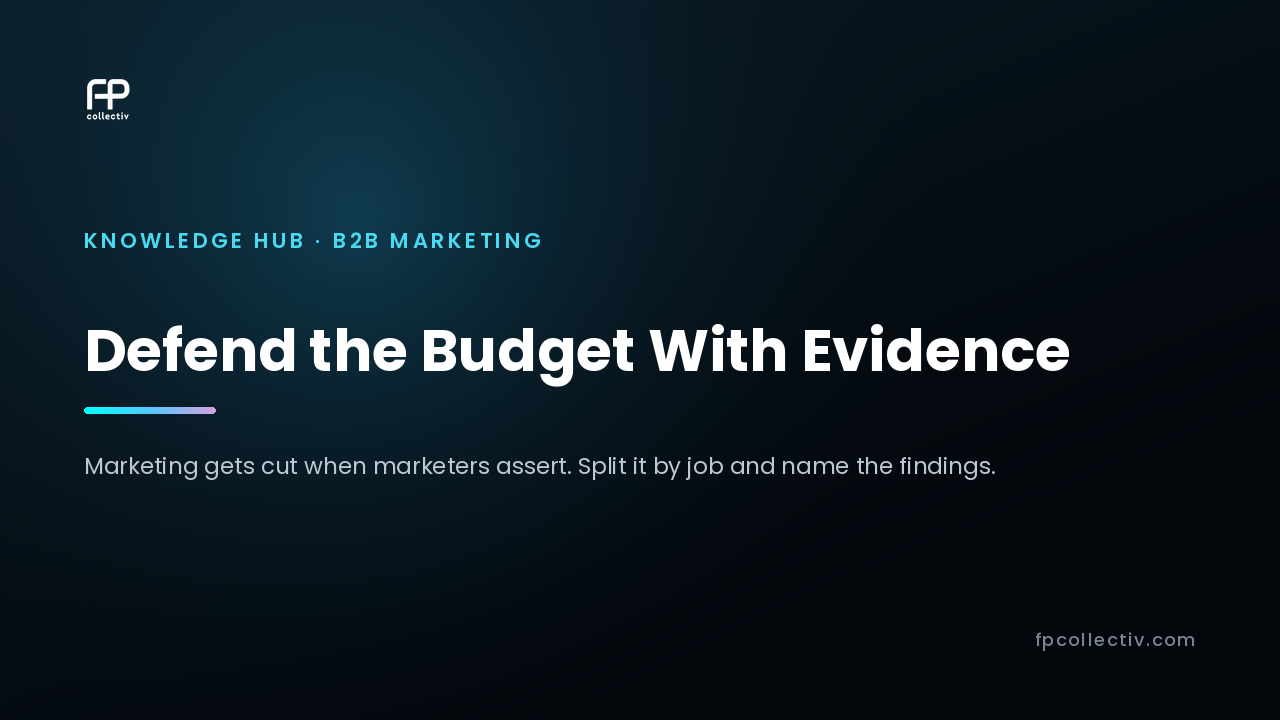 FP Collectiv card: "Defend the Budget With Evidence — Marketing gets cut when marketers assert. Split it by job and name the findings"
