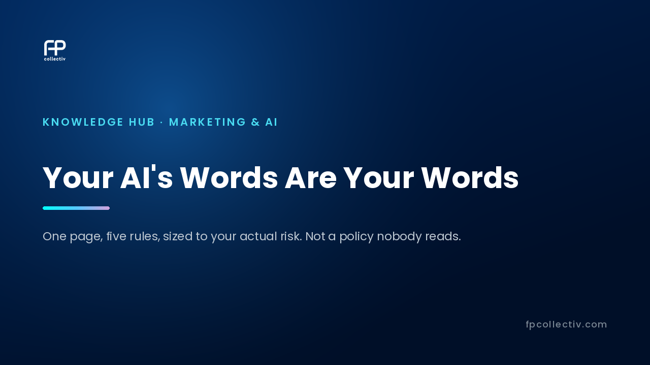 FP Collectiv card: "Your AI's Words Are Your Words — One page, five rules, sized to your actual risk. Not a policy nobody reads"