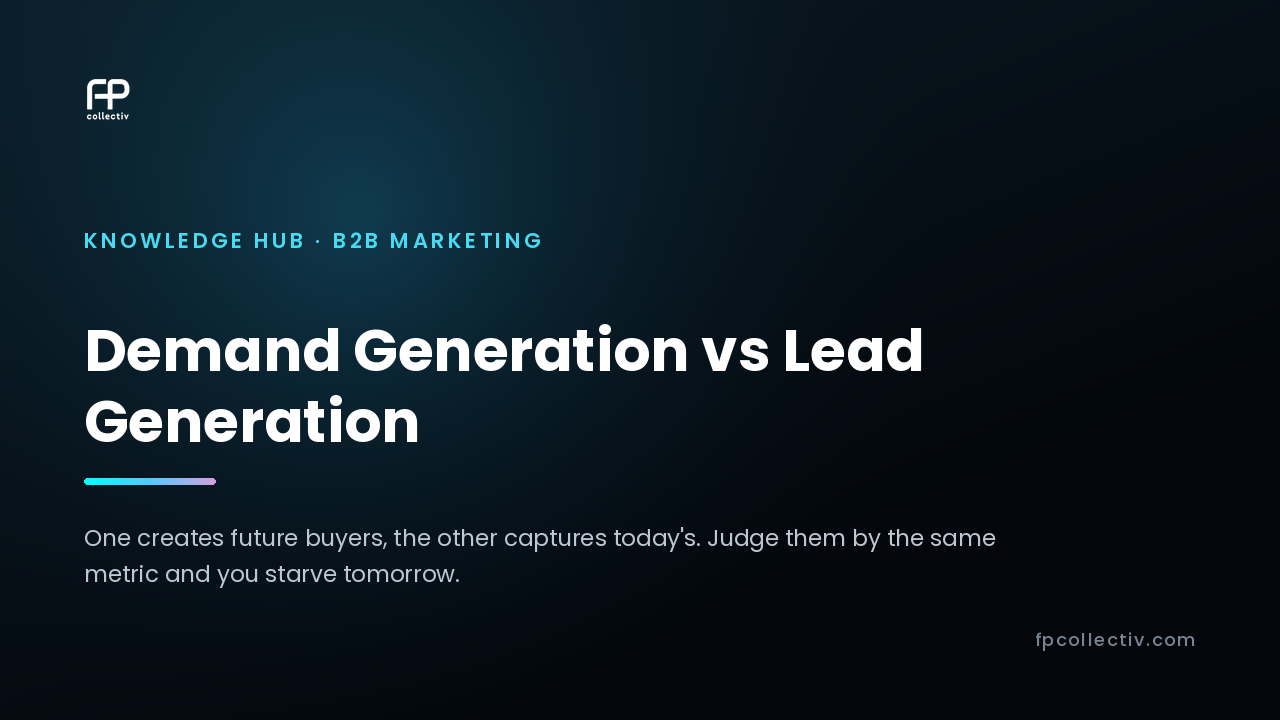 FP Collectiv card: "Demand Generation vs Lead Generation — One creates future buyers, the other captures today's. Judge them by the same metric and you starve tomorrow"