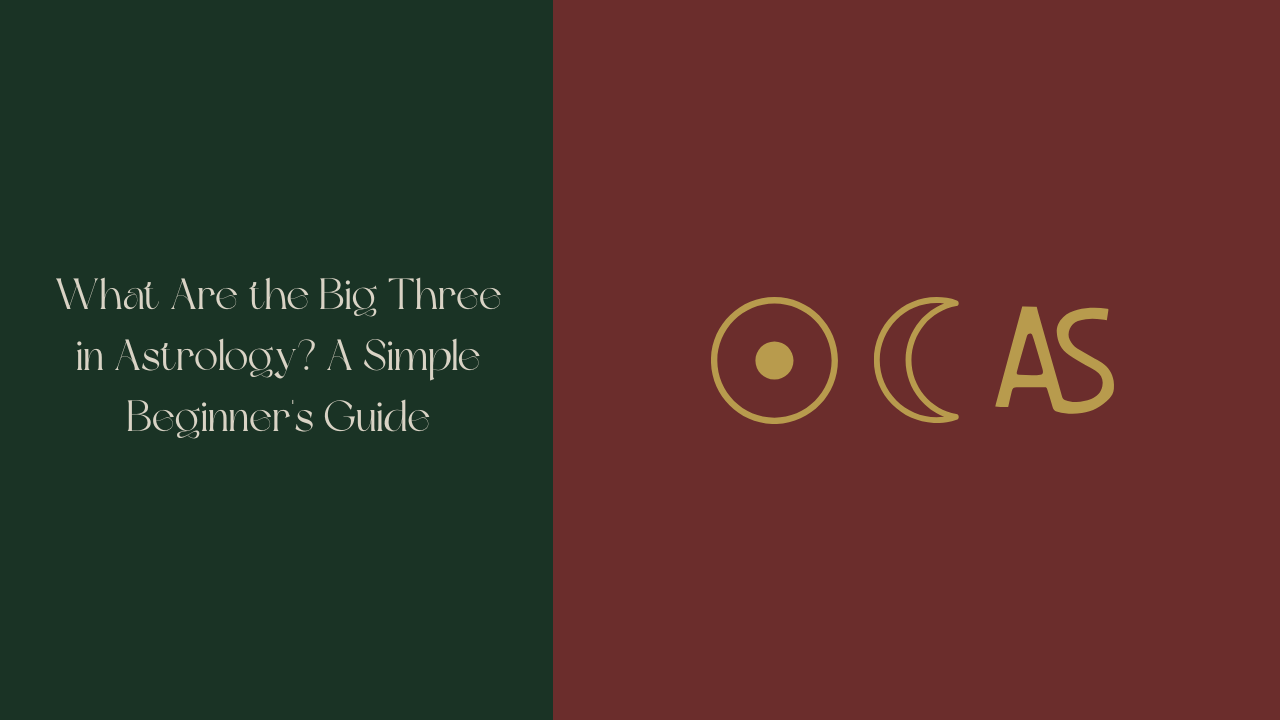 Forest Moss green background with Vintage Linen text reading "What Are the Big Three in Astrology? A Simple Beginner's Guide" Burgundy square on the right with an Antique Gold astrology symbol for sun, moon and ascendant