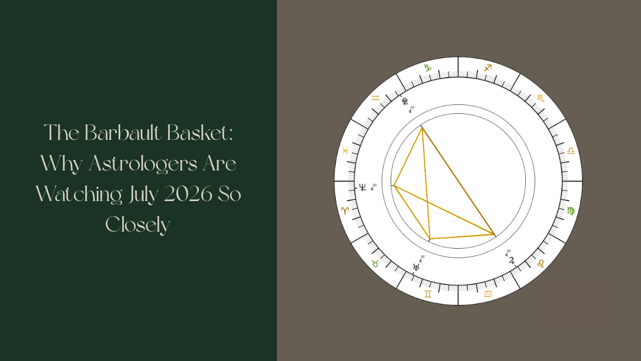 Forest Moss green background with Vintage Linen text reading "The Barbault Basket: Why Astrologers Are Watching July 2026 So Closely" soya bean square on the right with a Simple transit chart displaying the basket formation of the outer planets