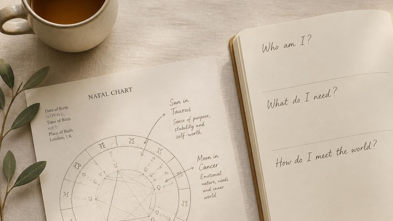 An open journal with three handwritten headings: Who am I? What do I need? How do I meet the world? Beside it: printed birth chart ceramic mug linen cloth soft morning light.