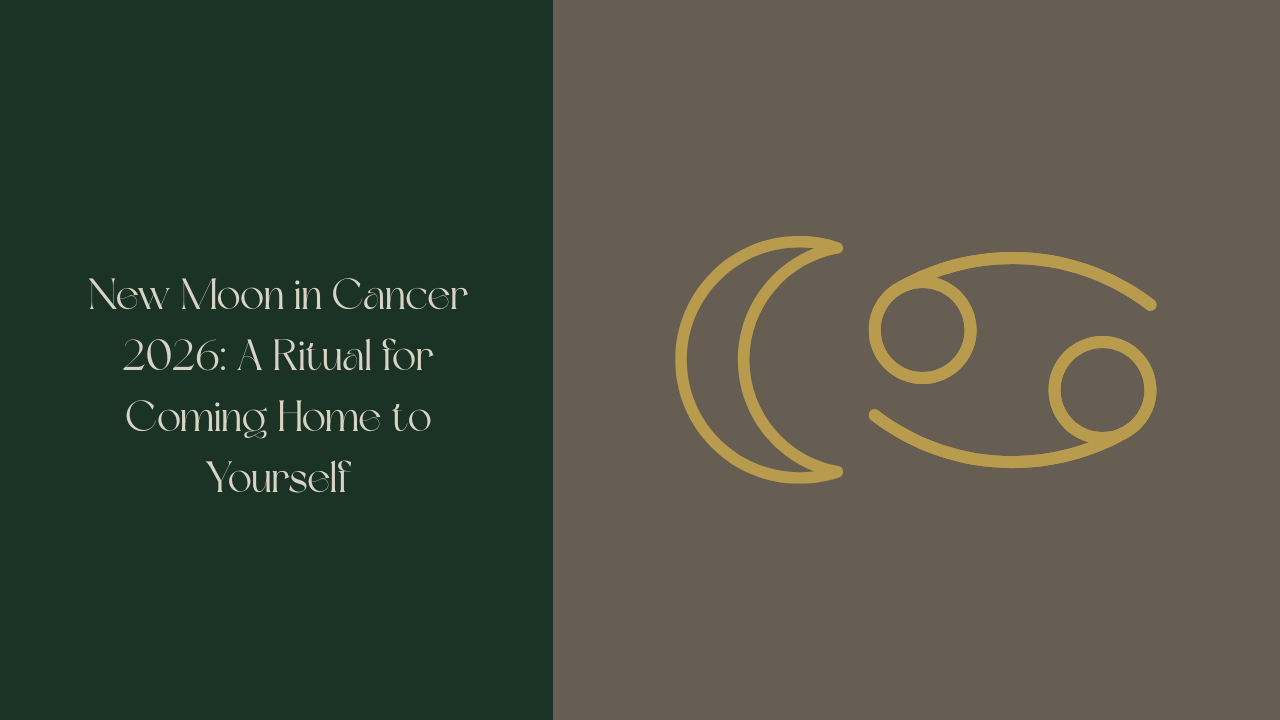 Forest Moss green background with Vintage Linen text reading "New Moon in Cancer 2026: A Ritual for Coming Home to Yourself" soya bean square on the right with an Antique Gold astrological symbol for cancer and the moon icon