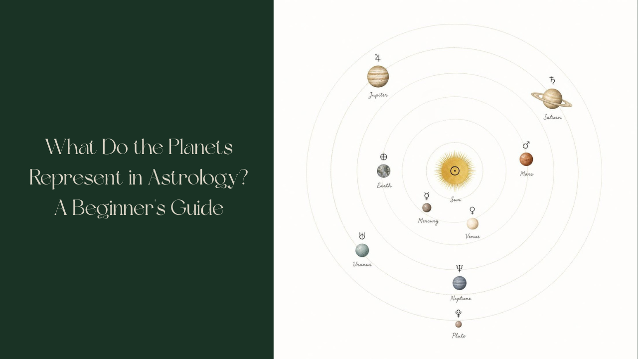 A minimalist illustration of the planetary glyphs arranged in orbit around a central Sun. Each planet has a tiny handwritten label. Lots of white space. Soft earthy colours. It feels like pages from a beautiful textbook.