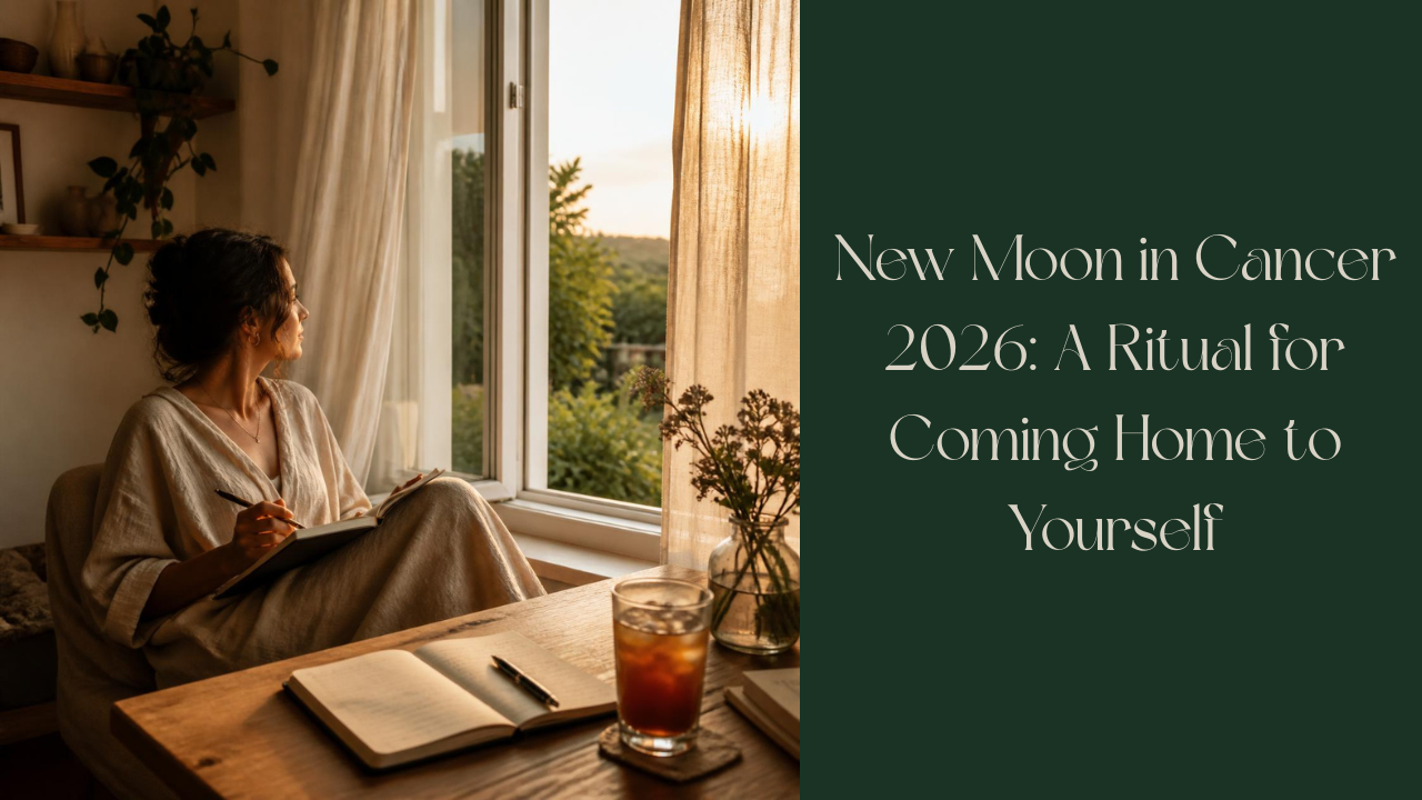 An elegant editorial lifestyle photograph of a peaceful summer evening at home. A woman sits beside an open window journalling in soft golden dusk light, surrounded by natural linen textures, houseplants and warm neutral décor. On a wooden table beside her is an open notebook, a fountain pen and a glass of iced herbal tea with condensation. Linen curtains move gently in the breeze. The atmosphere is calm, reflective and emotionally safe.